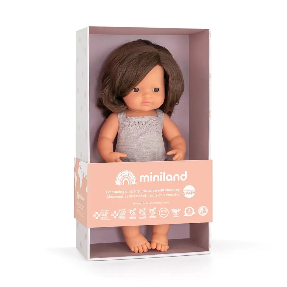 Miniland | Brunette Doll with Grey Romper