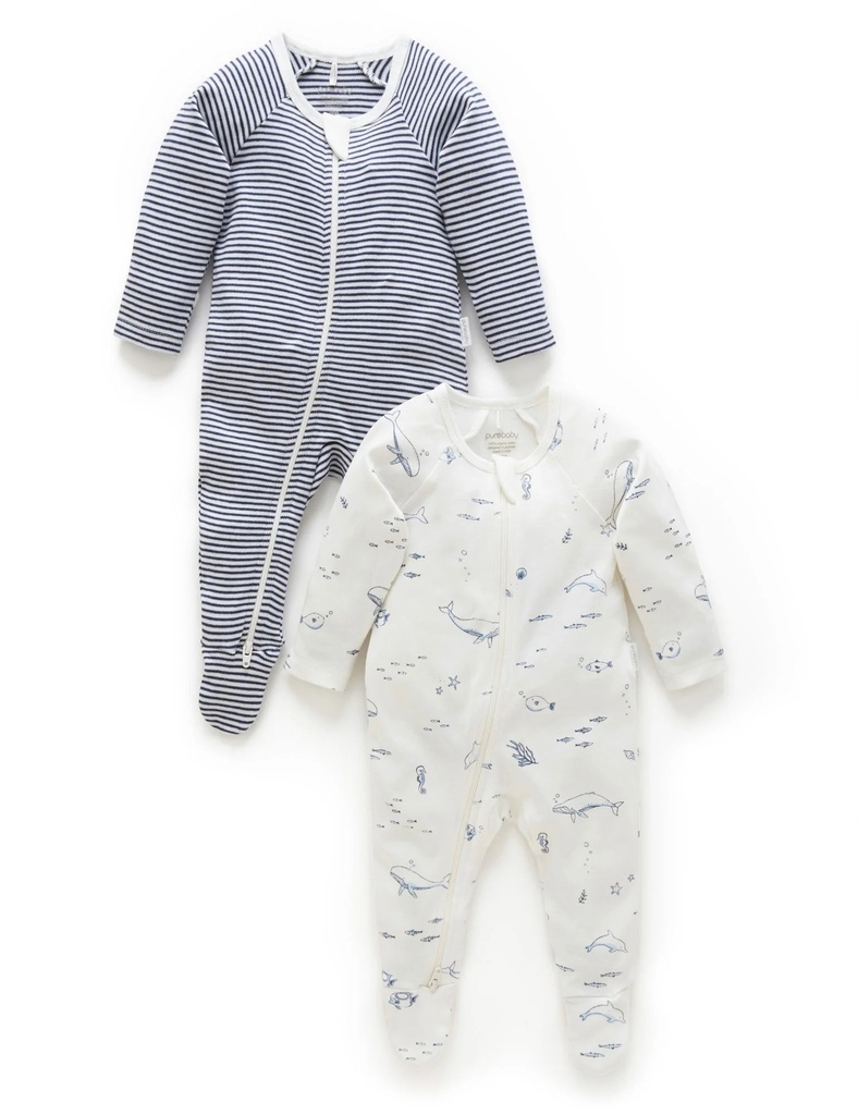 Purebaby | Vanilla Nautical Zip Growsuit 2 Pack