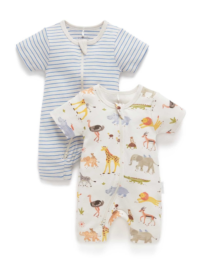 Purebaby | Migrating Animals 2 Pack Short-Sleeve Growsuit