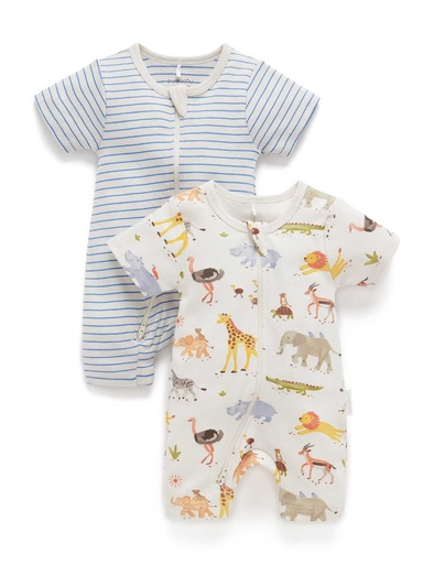 [9336995337274] Purebaby | Migrating Animals 2 Pack Short-Sleeve Growsuit (0 (6-12m))