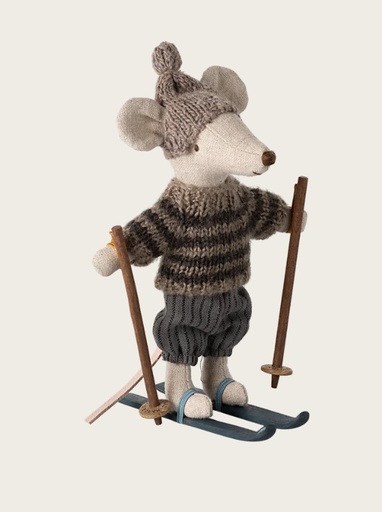 [17-4211-00] Maileg | Winter Mouse with Ski Set - Big Brother (Grey)