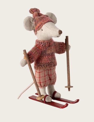 [17-4210-00] Maileg | Winter Mouse with Ski Set - Big Sister (Rose)